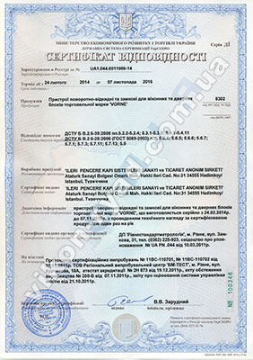 Сертифікат на віконну фурнітуру вікнарьов